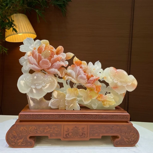 天然玉石雕刻牡丹花摆件玄关酒柜电视柜新居乔迁装饰礼品