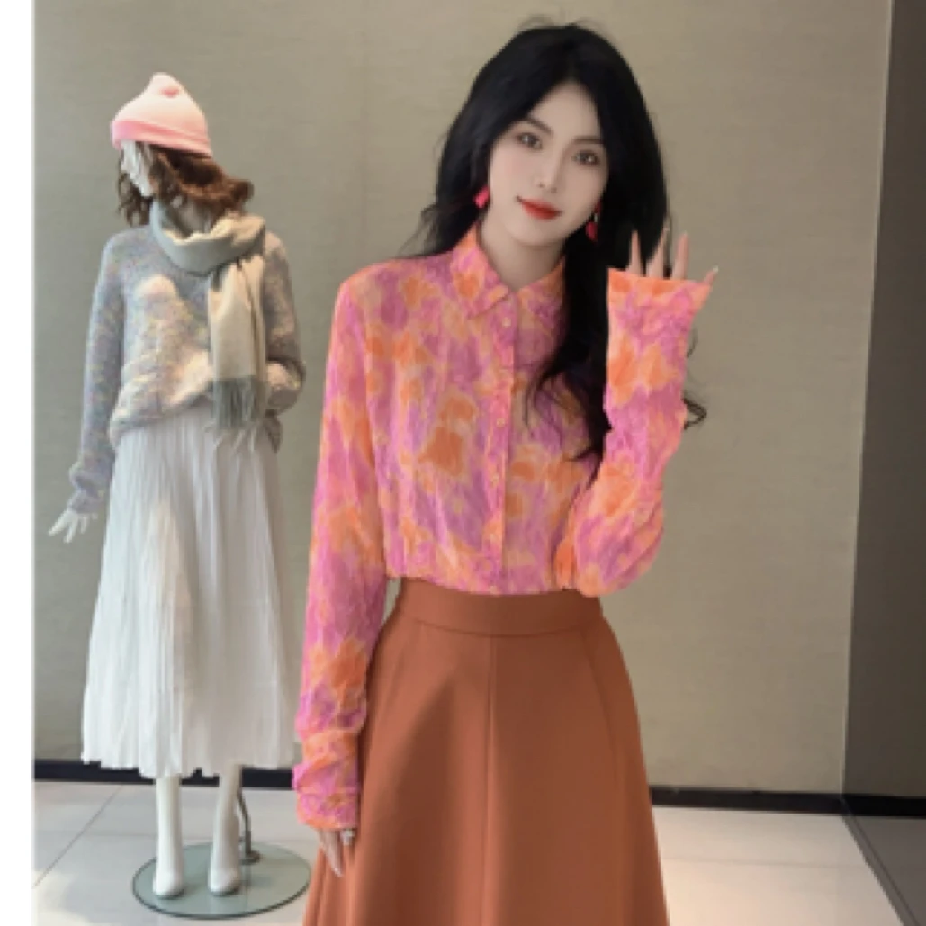 GIRDEAR/哥弟气质肌理感压褶衬衣设计感修身长袖印花衬衫1300955