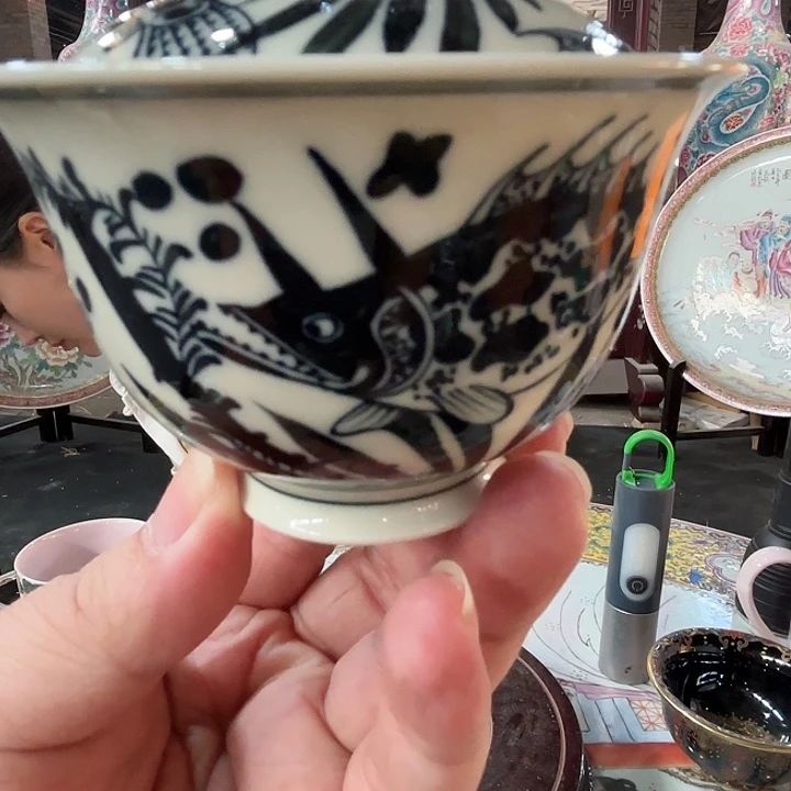 摆件景德镇高温陶瓷两才盖碗鱼藻纹