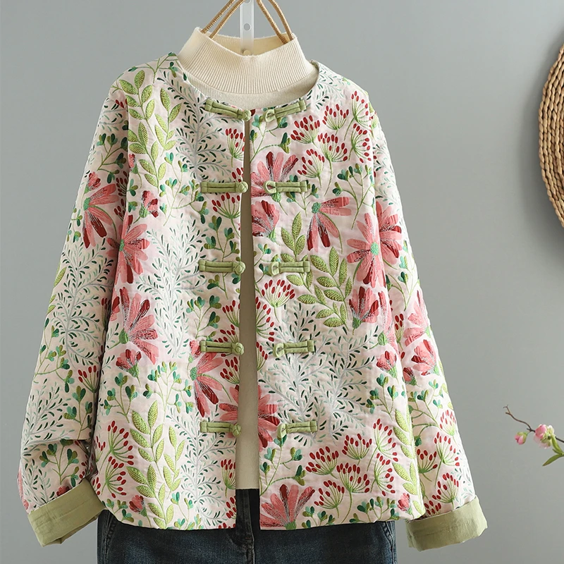 新中式国风提花棉服女秋季复古对襟盘扣改良唐装保暖刺绣棉衣外套