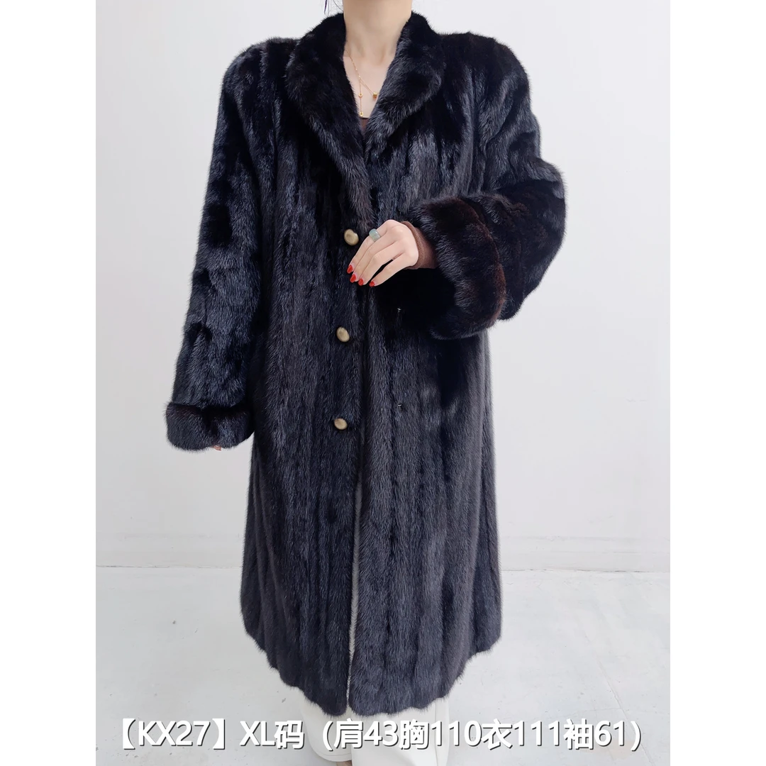 【KX27】XL 茶黑色超长款全抽貂皮水貂外套女 翻立领挽袖 46027