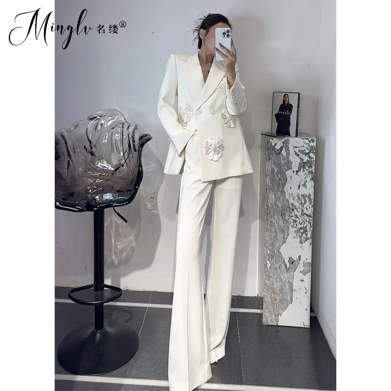名缕品牌小众设计感时尚套装米白色手工花朵宽松西装阔腿裤两件套
