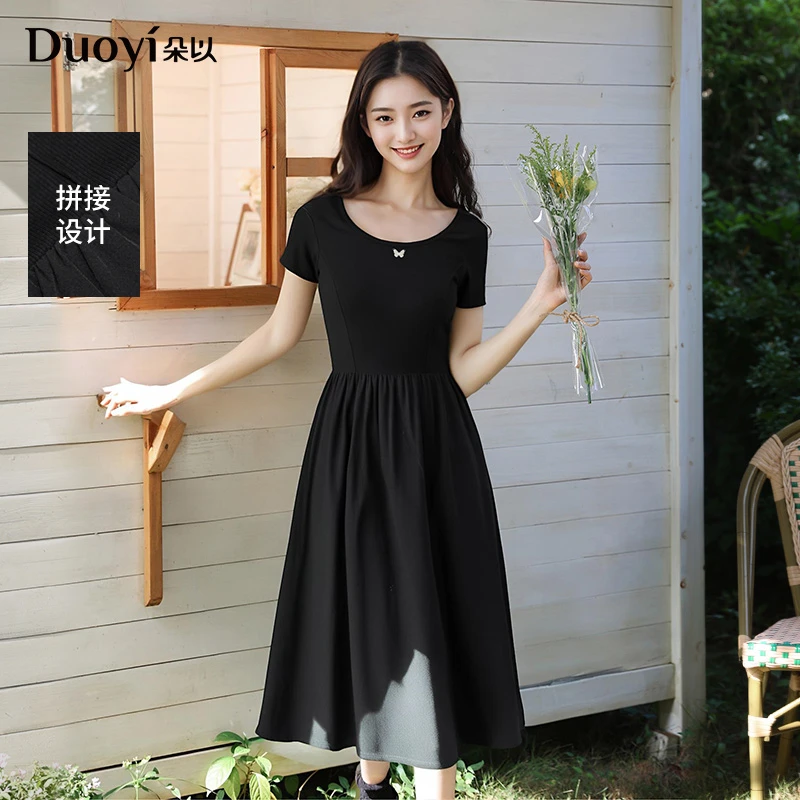 朵以2025夏季新款时尚赫本风小黑裙拼接显瘦短袖连衣裙40VX848111