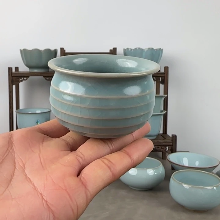 瓷片汝窑主人杯旋纹杯 仿古釉支钉烧