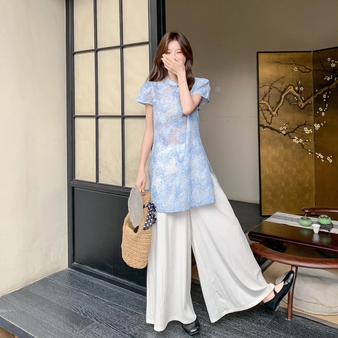 【现货+运费险】新中式清冷感禅意国风改良旗袍上衣+阔腿裤两件套装