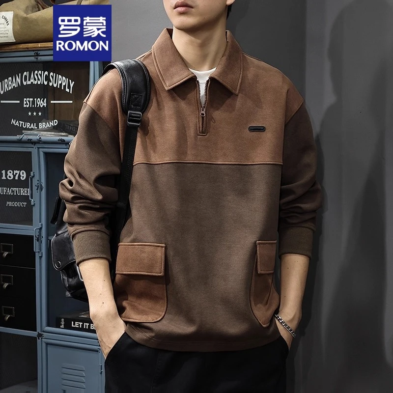 Romon/罗蒙秋季新款翻领卫衣潮牌宽松休闲针织美式复古长袖polo衫