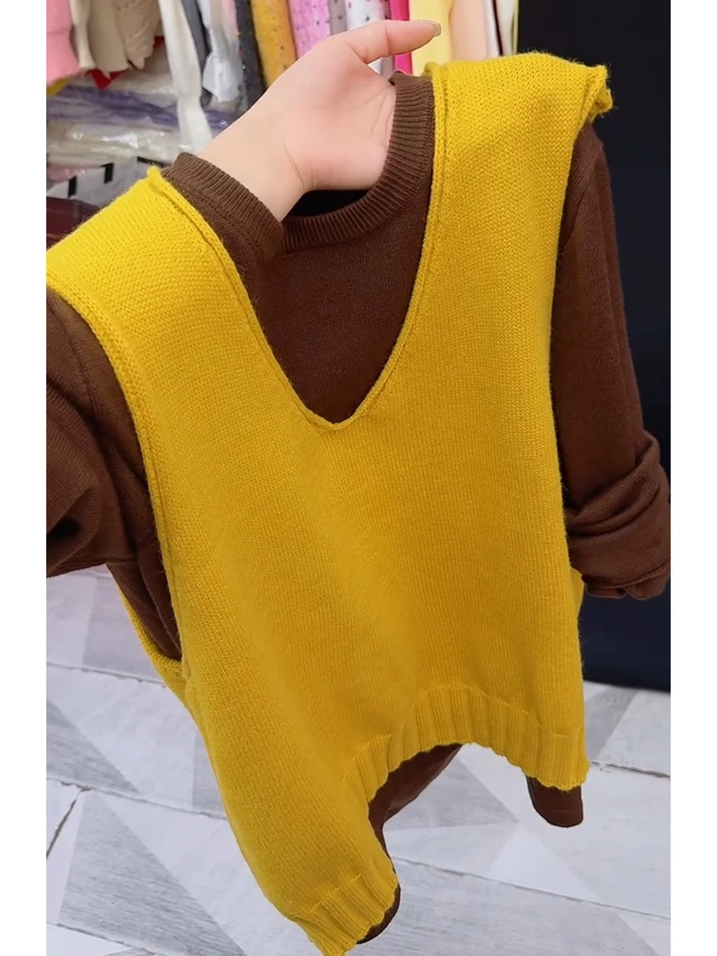 双十一时尚套装女2025秋季新款韩系咖色圆领长袖T恤打底叠穿背心