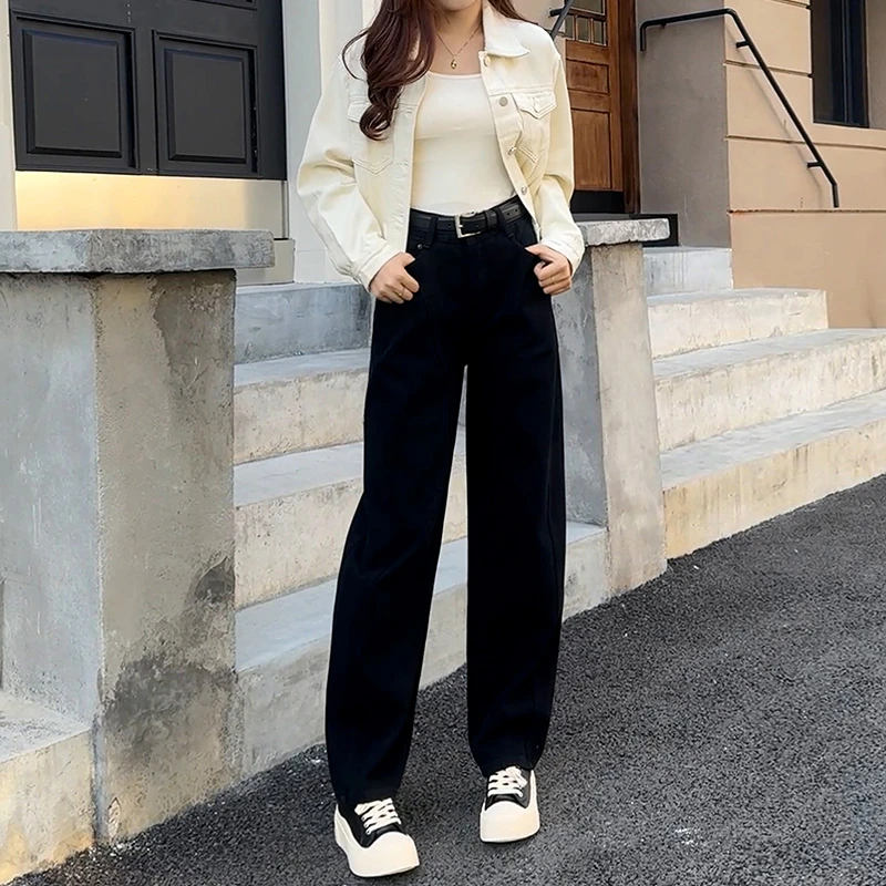 美思源黑色弯刀阔腿牛仔裤女2025春季新款高腰宽松显瘦直筒镰刀裤