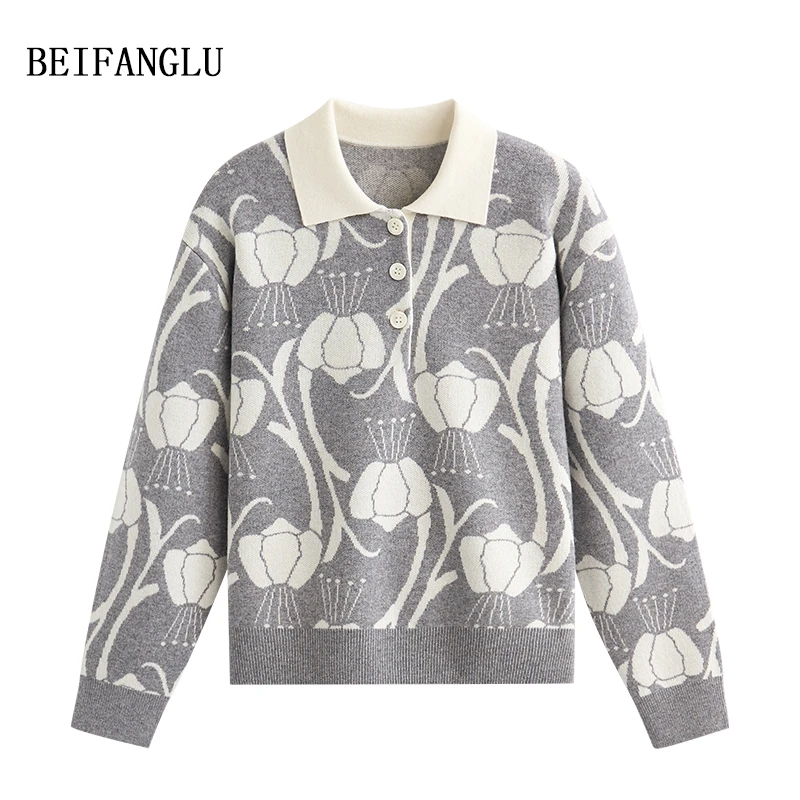 北方鹿 大表姐同款穿搭 绵羊毛气质郁金香提花翻领针织羊毛衫6199