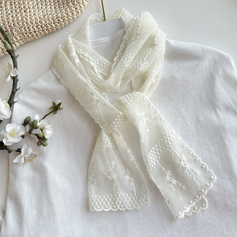 时尚纯色丝巾蕾丝护颈薄纱长条质感ins春夏季韩版围巾复古头巾