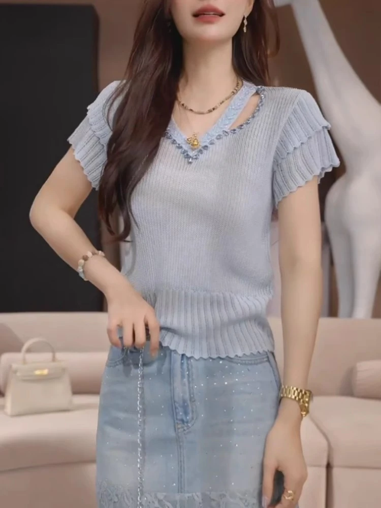 欧货高级感露锁骨短袖时尚潮女夏2025新款优雅气质显瘦超好看上衣