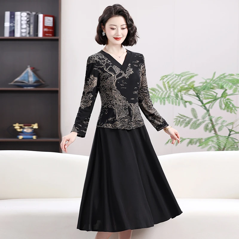 2025春季新款中老年连衣裙修身旗帜打底裙春秋显瘦长袖洋气收腰