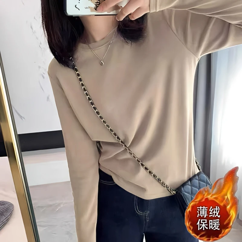 秋冬纯色薄绒保暖打底衫韩版潮牌修身显瘦简约圆领长袖T恤上衣ins