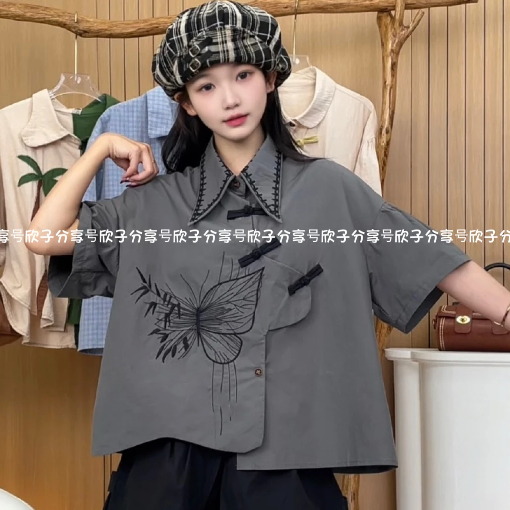 XZ“蝶生好运”原创重工立体刺绣中式竹蝶新国风衬衫上衣