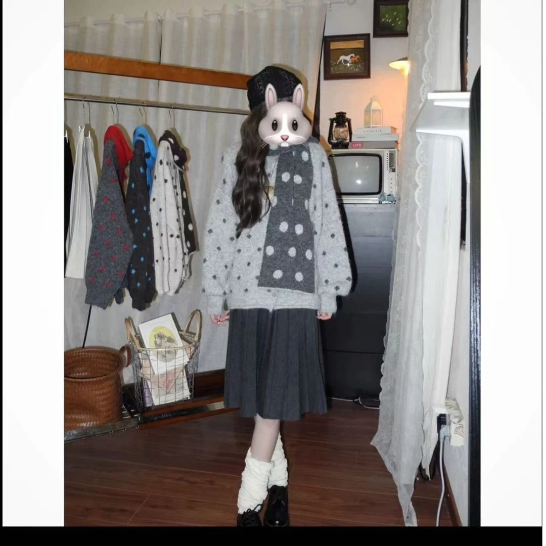 LULUZI秋冬针织慵懒风条纹常规连帽毛针织衫宽松长袖