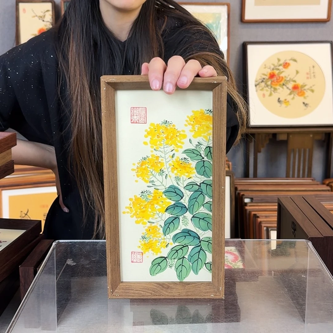 国画纯手绘，纯手写带框尺寸：16×29厘米