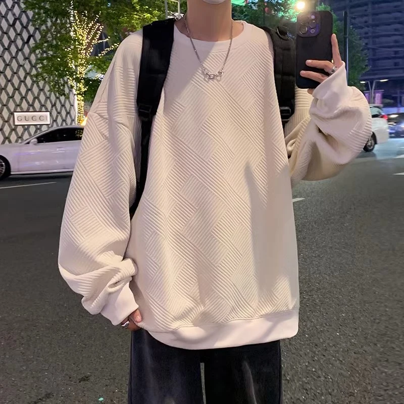 提花暗纹肌理感复古潮流卫衣男春秋季新款宽松套头内搭纯色打底衫