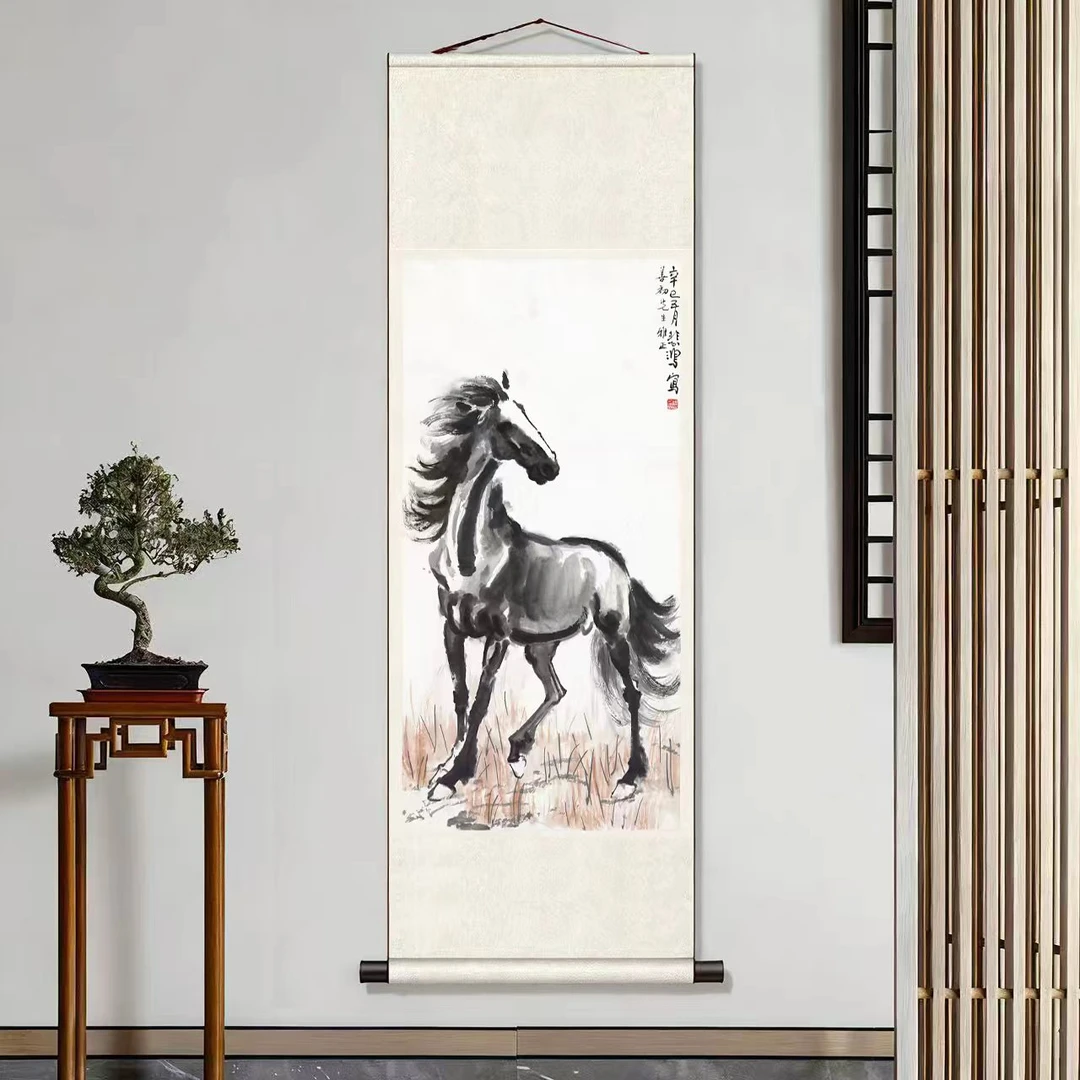 【精品复仿】《立马图》130*38卷轴挂画中式客厅办公室书房装饰画