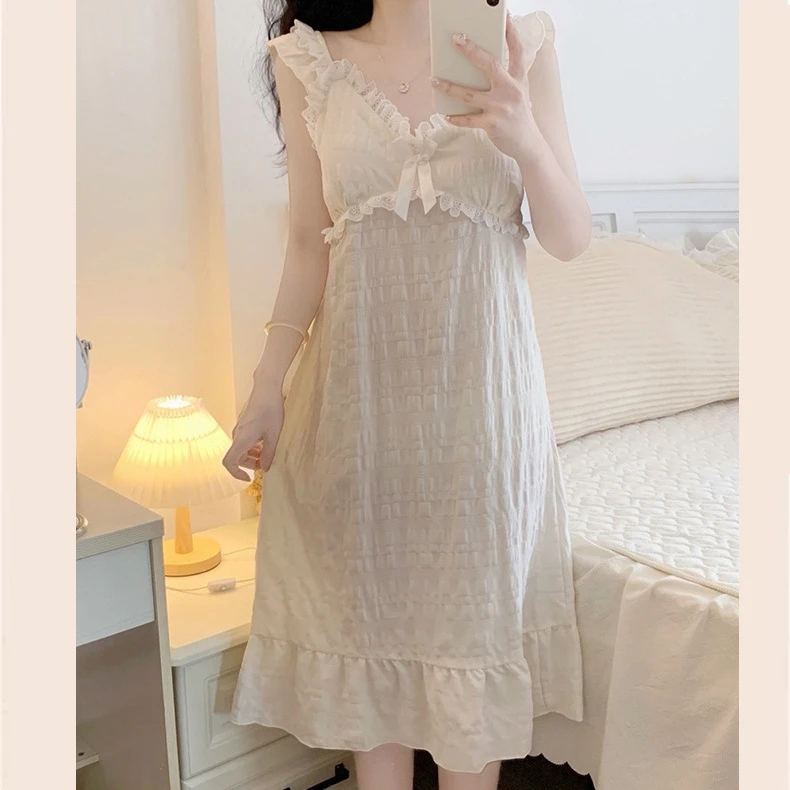 甜美新款可拆卸胸垫睡衣睡裙女夏季薄款舒适透气公主风家居服女E