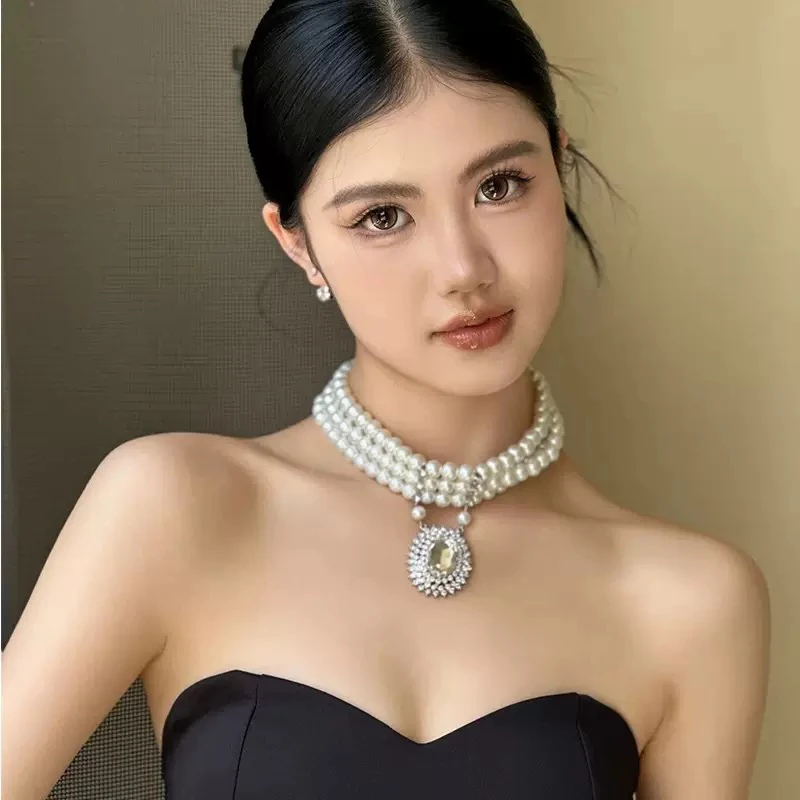 铜合金仿珍珠项链 欧美轻奢高级夸张多层珍珠椭圆锆石吊坠项链