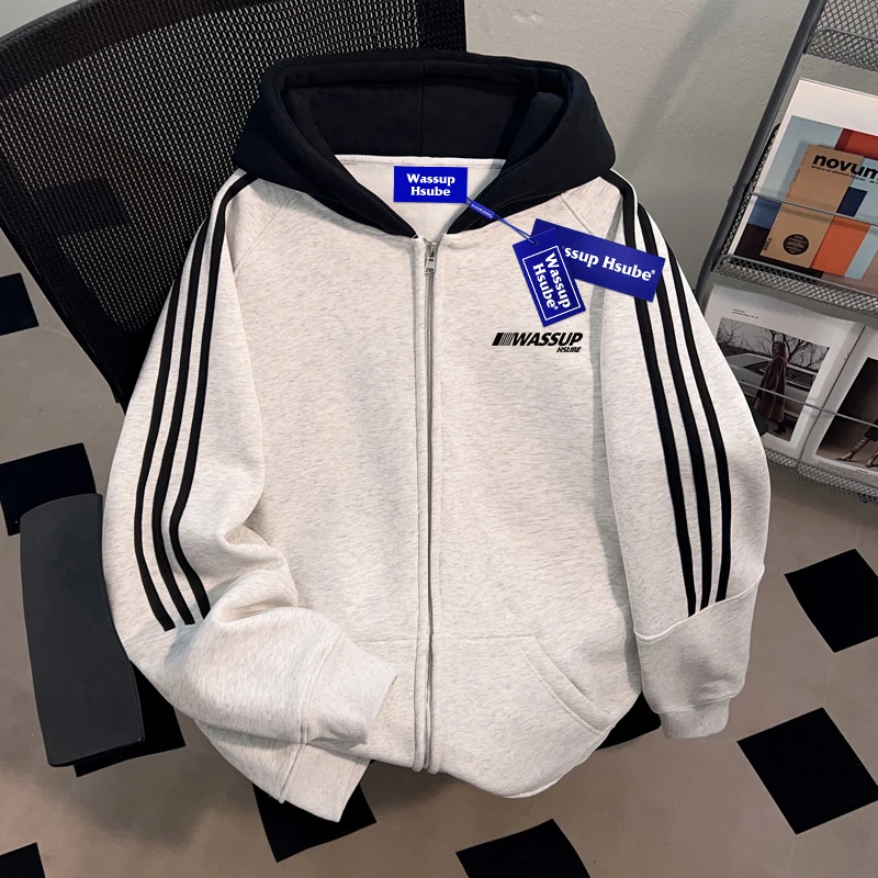 WASSUP HSUBE三条杠连帽开衫卫衣美式复古宽松潮牌高街情侣休闲风