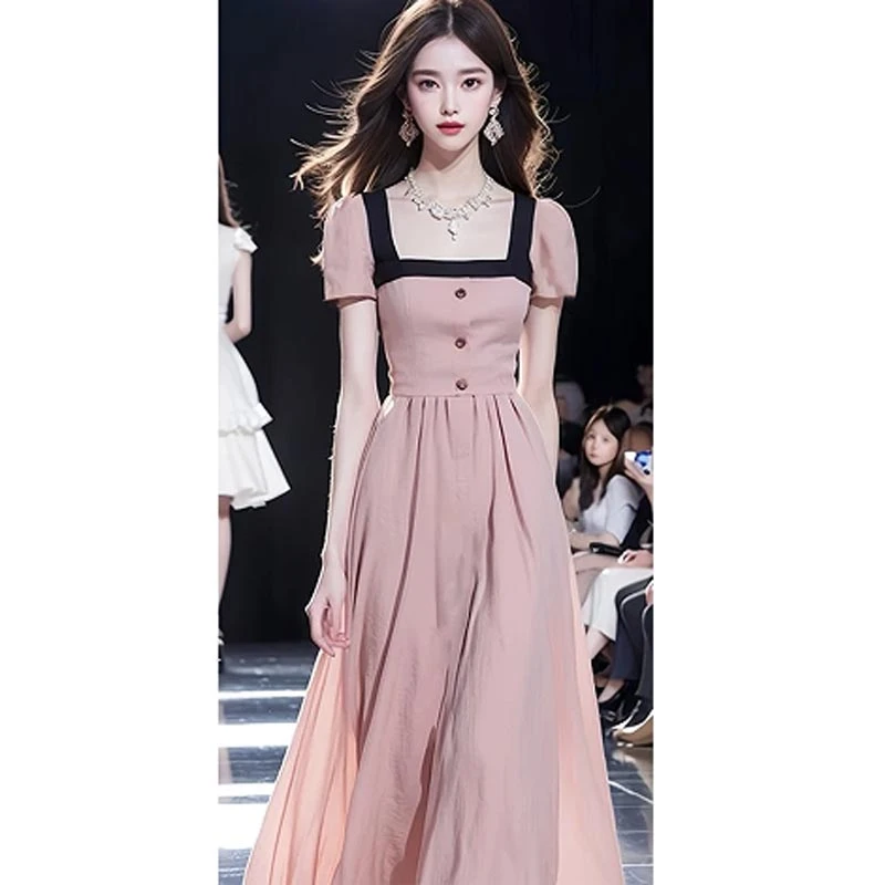 2025夏季新款法式高级感拼色翻领连衣裙女气质时尚轻奢风小众裙子