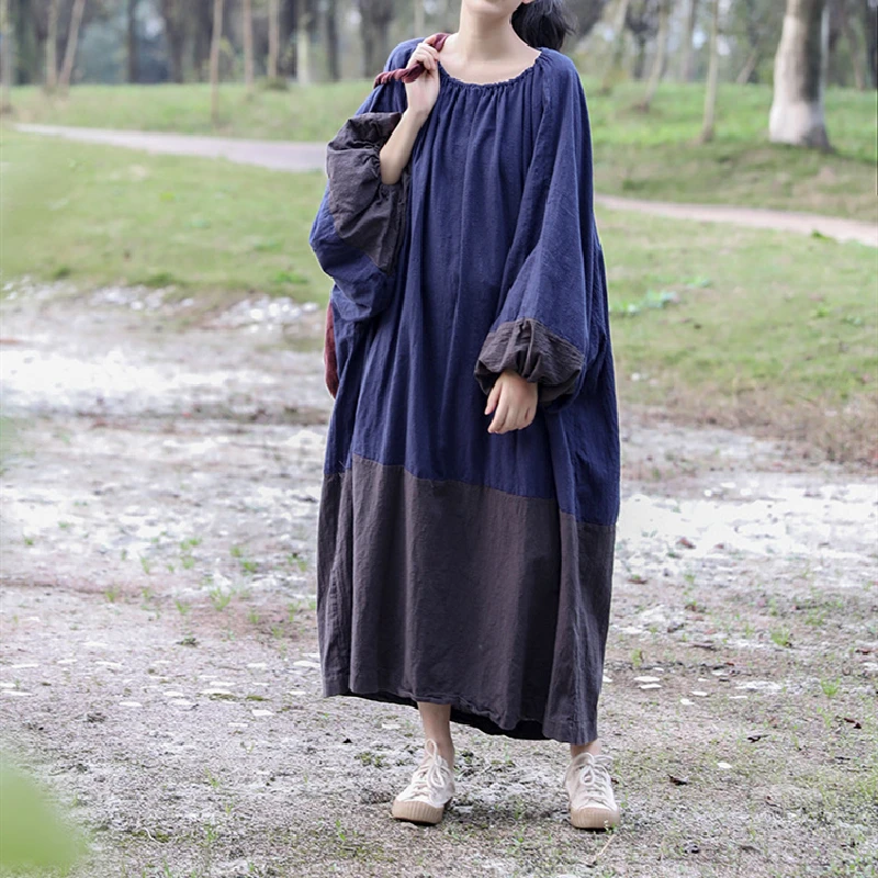 大码宽松灯笼袖拼色袍子抽绳领长袖连衣裙秋季新款洋气减龄连衣裙