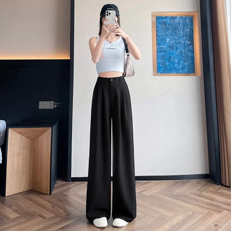 天丝亚麻西装阔腿裤女夏季2025新款宽松垂感休闲窄版直筒拖地裤子