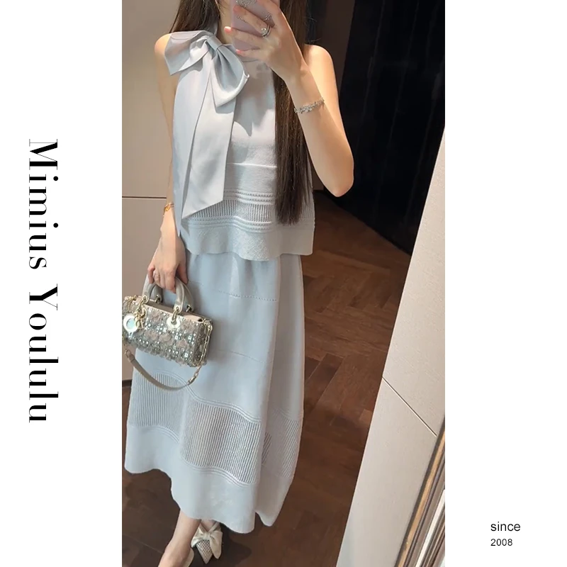 【mimius】U 静奢优雅女神范蝴蝶结挂脖上衣+半裙（松紧腰） WG04085