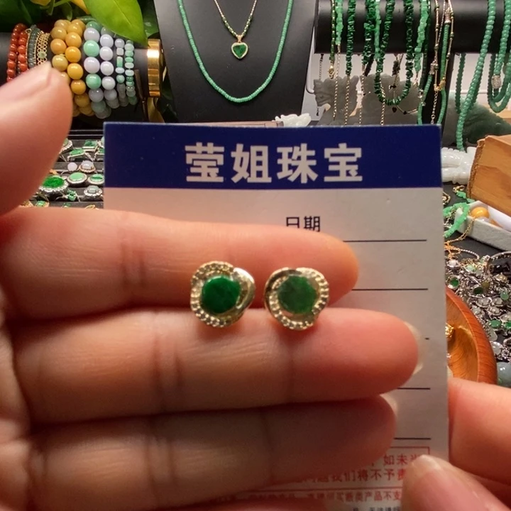 翡翠合金耳饰金*绿无事牌耳钉