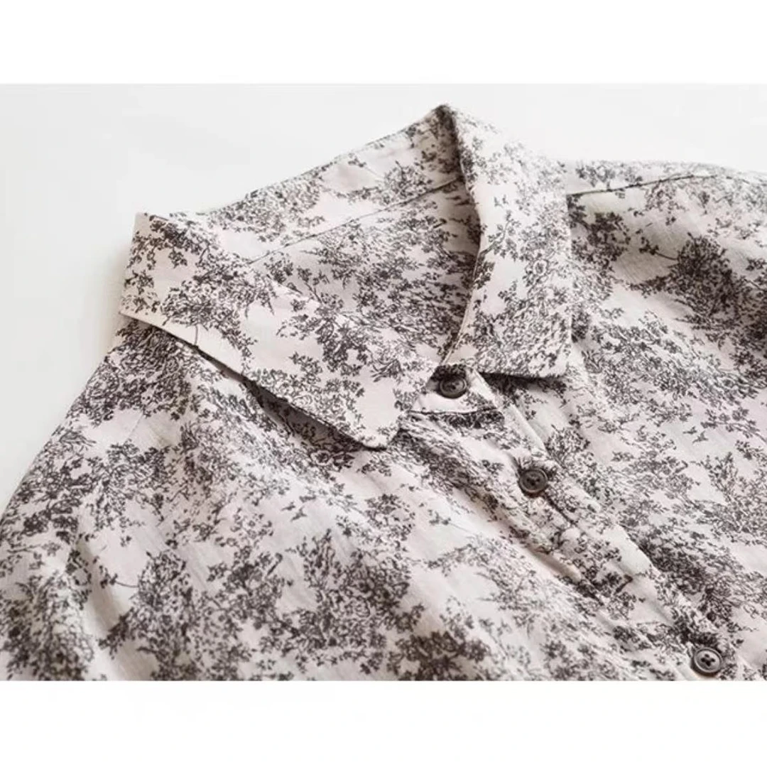 【云目悠悠】秋季苎麻女士素雅花卉印花简约文艺衬衫上衣-2025745