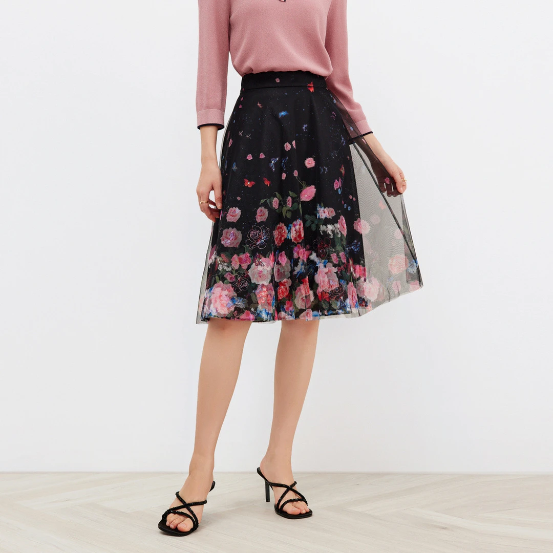 【羊羊专属】【商场同款春秋季网纱印花设计感优雅半身裙