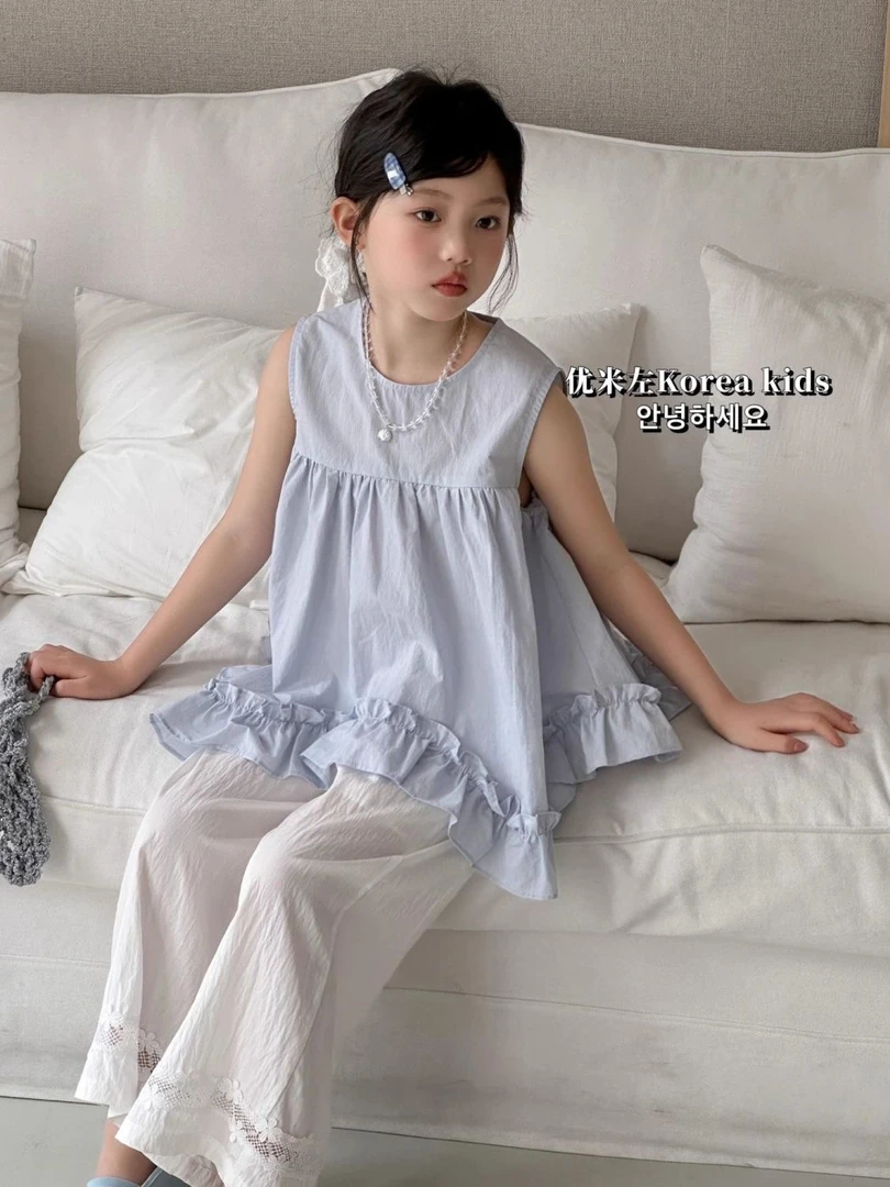 童装女童套装宽松不规则荷叶边上衣儿童时髦无袖背心娃娃衫两件套