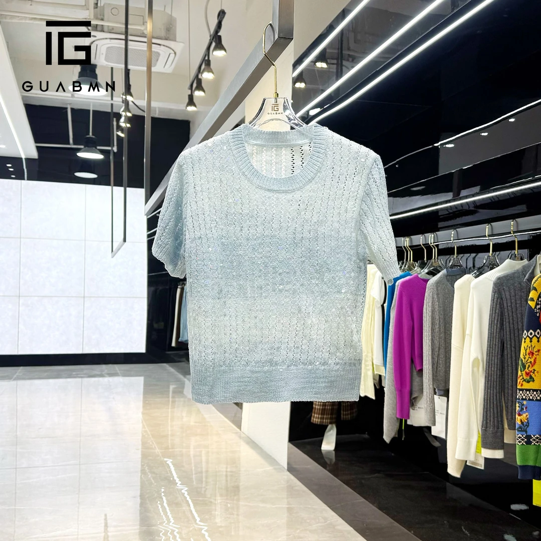 GUABMN2025夏季新款亮片小众时尚百搭短袖针织衫5026初夏穿搭