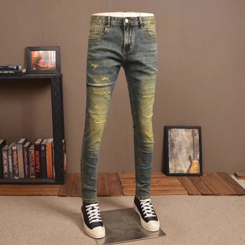 【JJ】春夏复古怀旧破洞牛仔裤男潮流韩版弹力修身补丁休闲小脚男款