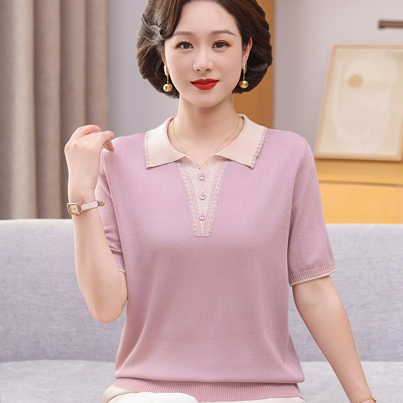 妈妈装夏装透气短袖T恤中老年人夏季宽松显瘦打底衫洋气冰凉上衣