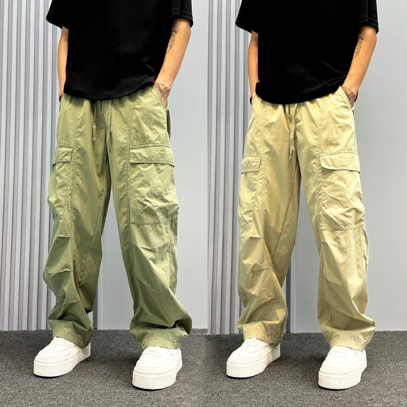 美式复古多口袋工装裤男夏薄款宽松直筒裤高级感卡其色阔腿伞兵裤