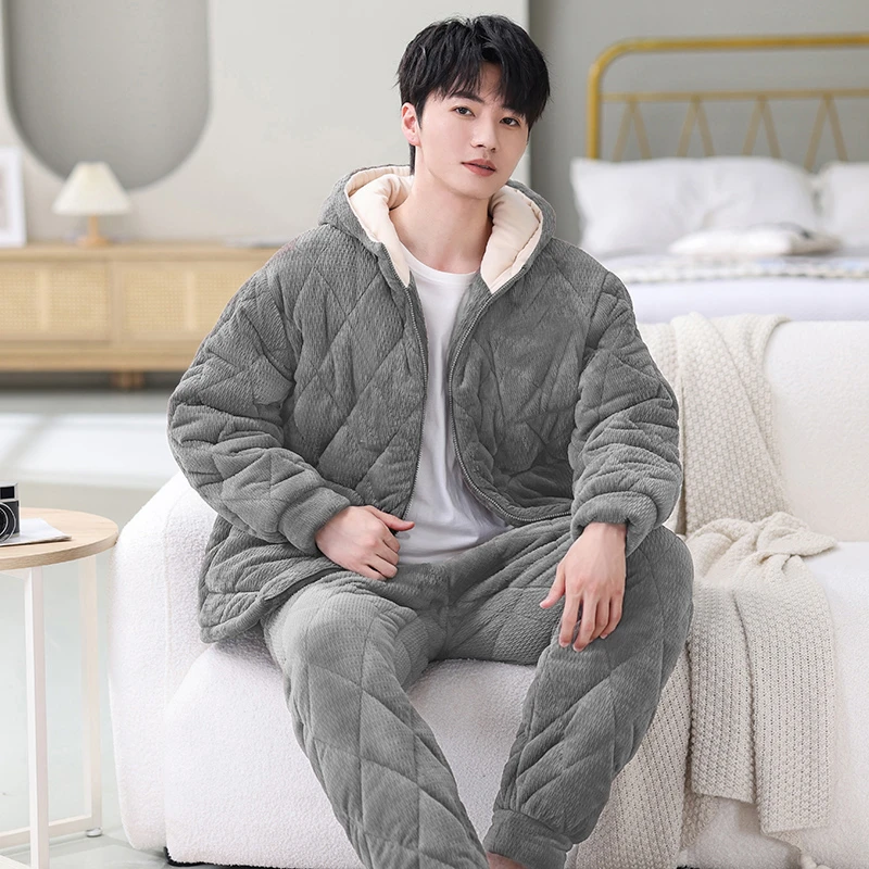 冬季男士大码睡衣加厚保暖套装三层夹棉睡衣长袖长裤连帽两件套