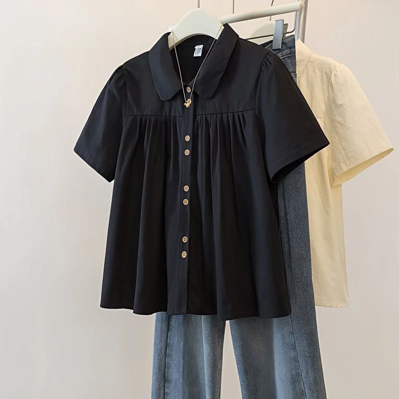 夏季新款大码娃娃领黑色短袖衬衫洋气衬衣女微胖mm时尚显瘦上衣