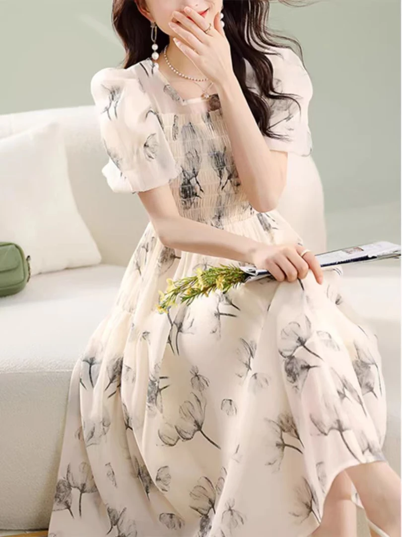 【F1011】法式温柔气质连衣裙2024夏季新款方领泡泡袖碎花A字裙女