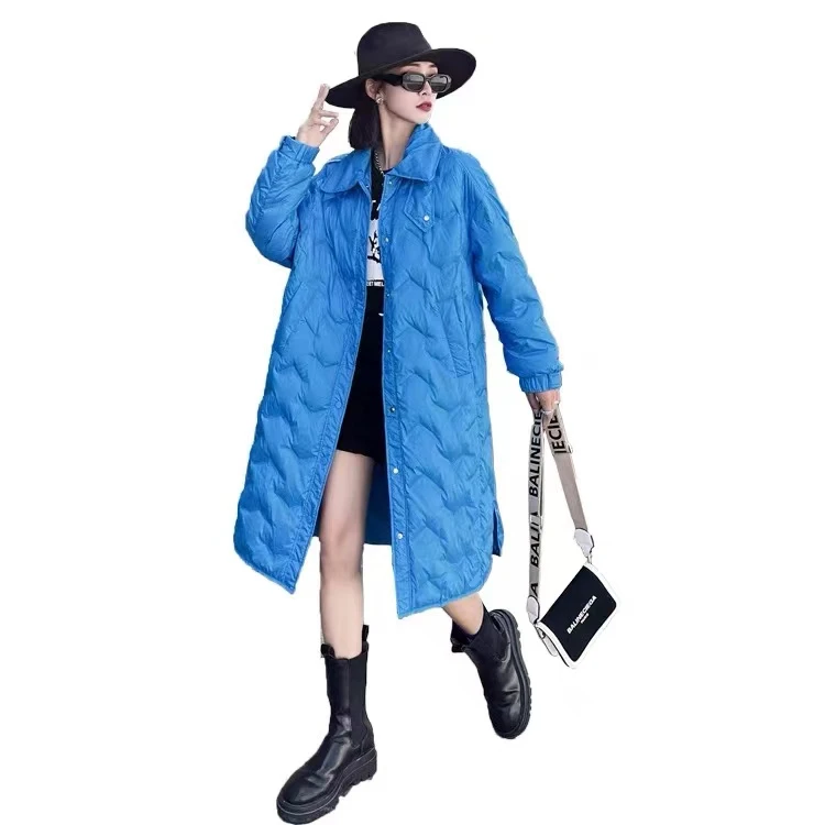 2024新款轻薄羽绒服长款保暖白鸭绒立领修身女加长B11-6（无腰带）