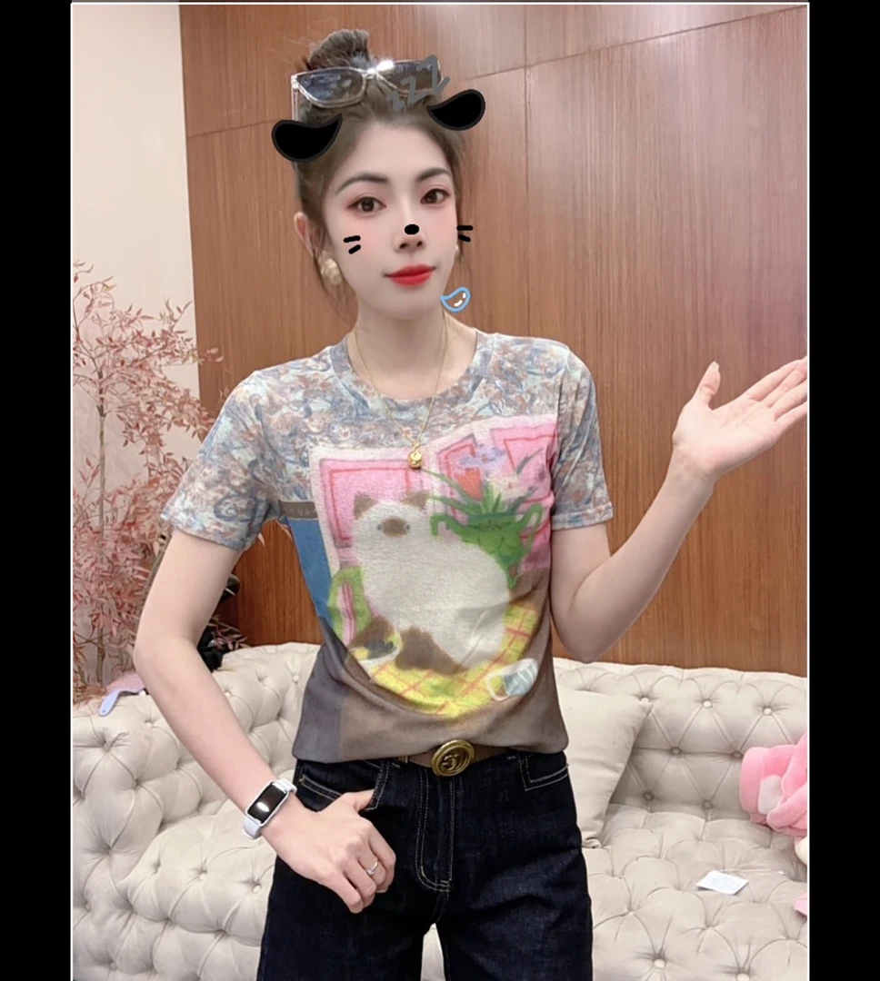 月月家，夏新款圆领时尚印染显瘦短袖时尚9083