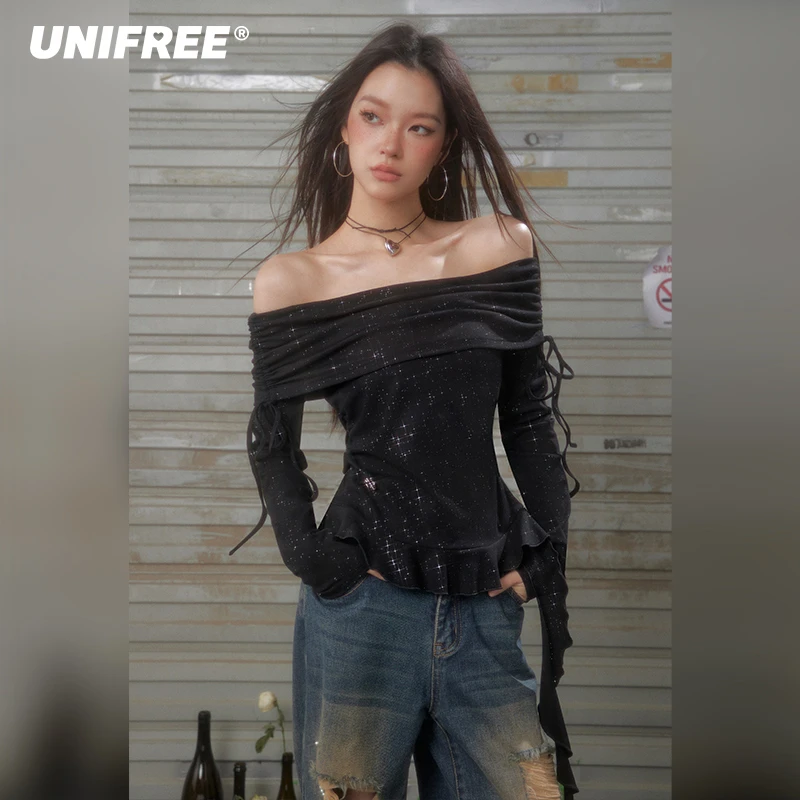 unifree【25年春】黑色一字肩长袖T恤辣妹细闪收腰荷叶边显瘦上衣