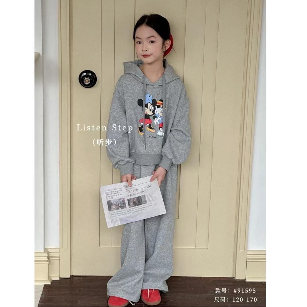 韩版女童装儿童中大童春季时髦卡通连帽长袖卫衣T恤运动裤套装