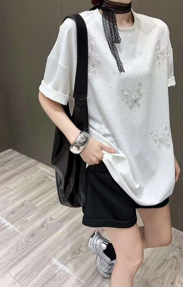 铱莎欧港时尚百搭短袖钉珠圆领潮流中长款蝴蝶结设计感夏季印花T