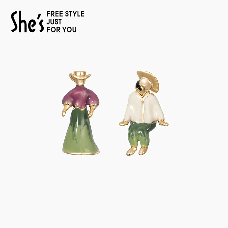 铜合金耳饰 shes卢梭假日-画家耳钉趣味小人耳环925银针小众耳饰