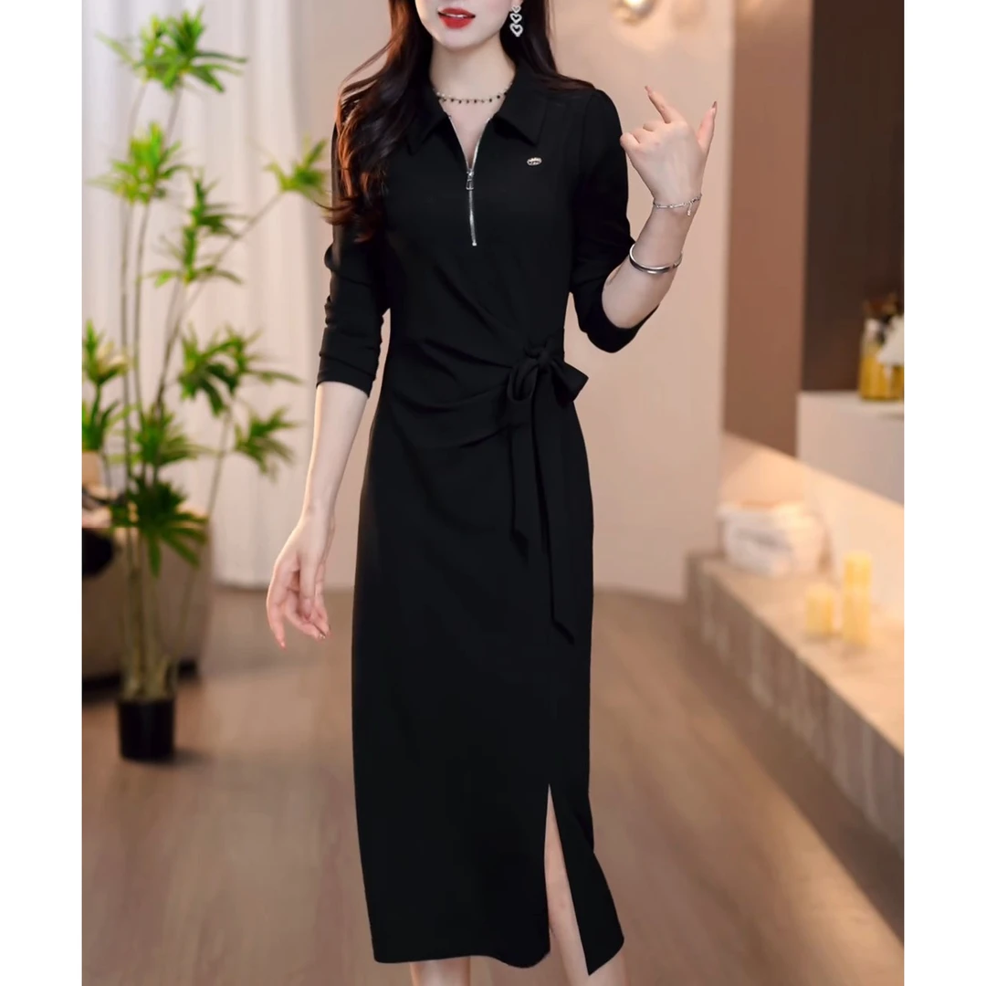 百搭通勤高级感纯色减龄韩版连衣裙气质休闲早秋新款收腰长袖裙子