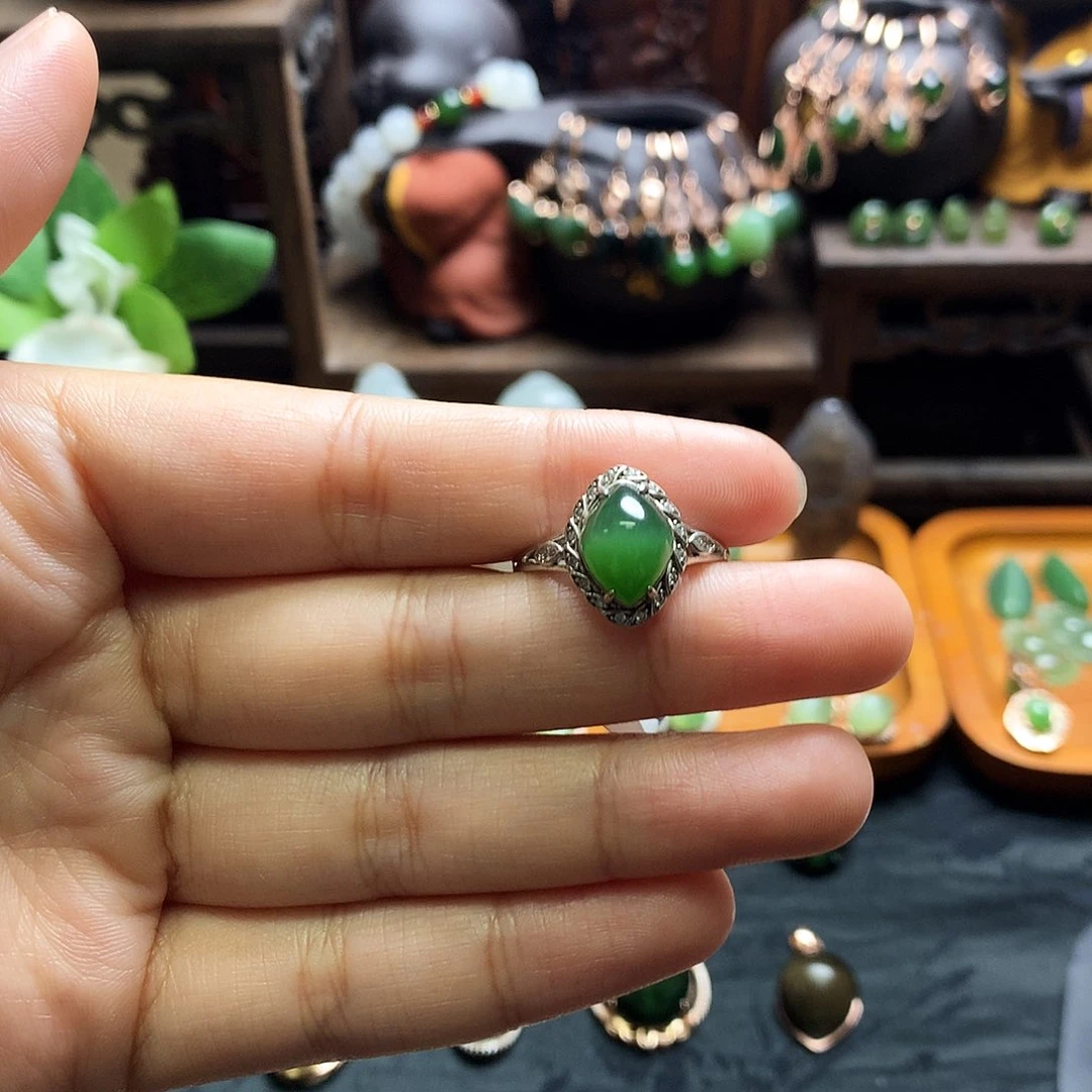 和田玉（碧玉）银S925镶嵌吊坠(不含链)戒指