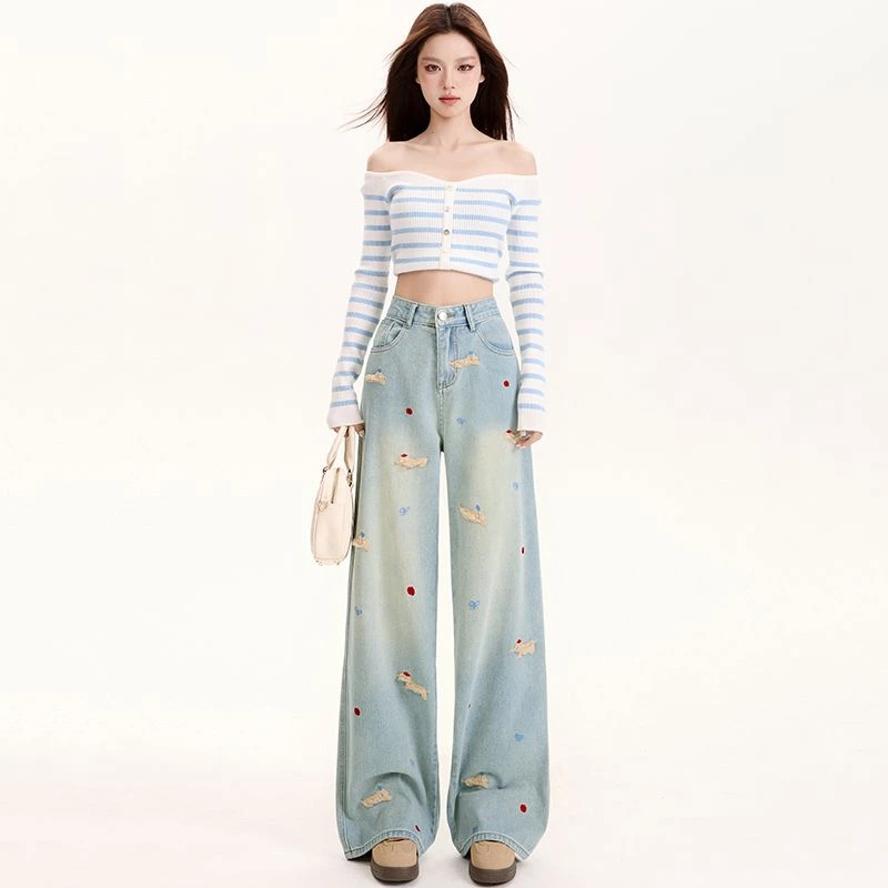 春夏新款-爆款美式卡通腊肠狗小个子立体刺绣阔腿牛仔裤女拖地裤