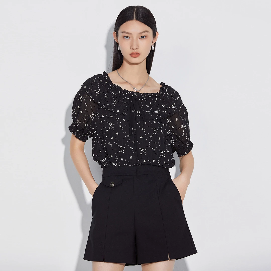 【婷婷专属】曼德诗舒适百搭泡泡袖撞色碎花优雅短袖小衫M310325